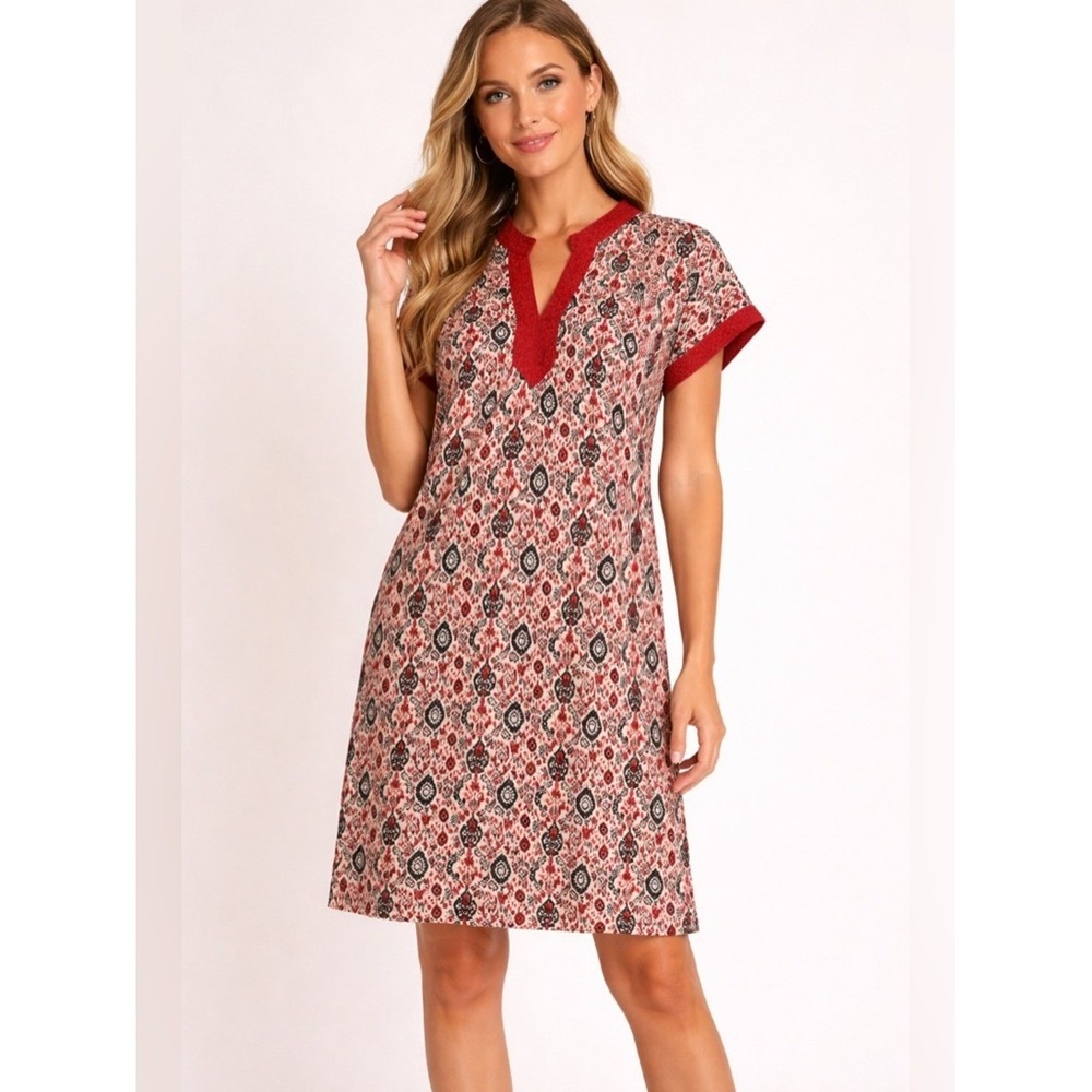 Mod's Mahal Shift Dress Womens Medium Red Black Ikat Print Short Sleeve Boho